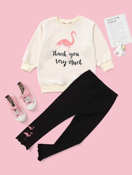 

toddler girls slogan & flamingo print pullover and leggings set she, White