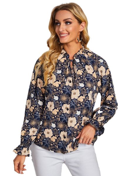 

tie neck bell sleeve floral print blouse h5af#, White