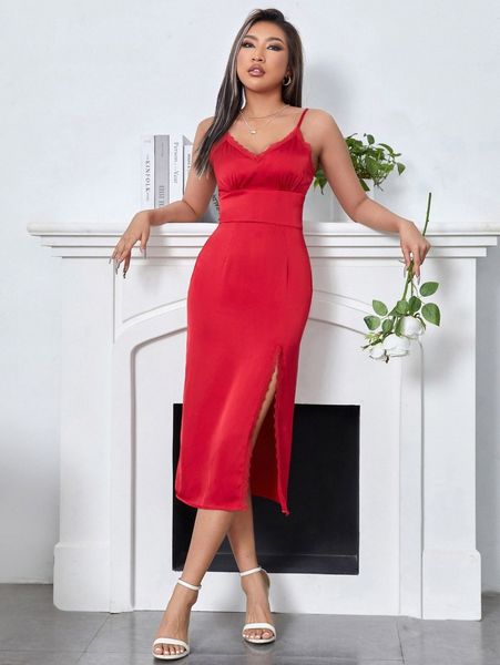 

lace trim split thigh cami dress 25m5#, Black;gray