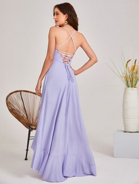 

lace up backless ruffle asymmetrical hem slip dress a5qp#, Black;gray