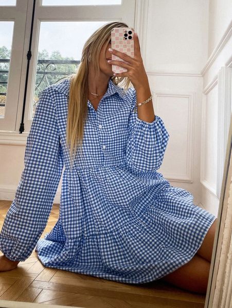 

gingham print ruffle hem smock dress q5jt#, Black;gray