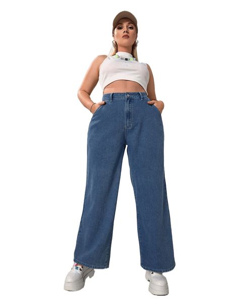 

plus high waist slant pocket jeans y5n2#, Blue