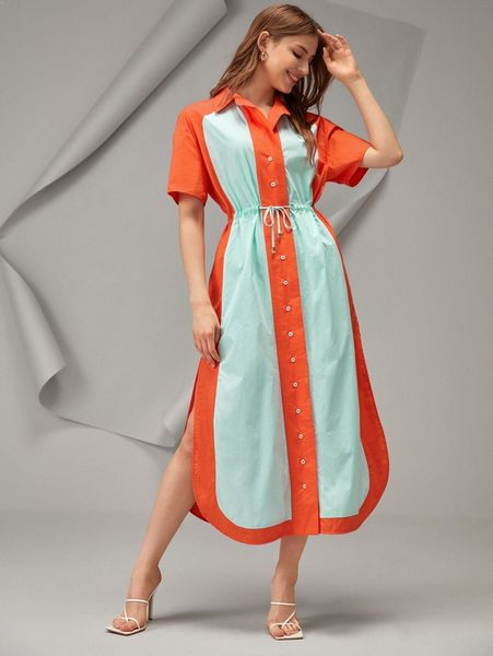 

x kovid kapoor colorblock drawstring waist button front dress g0t1#, Black;gray