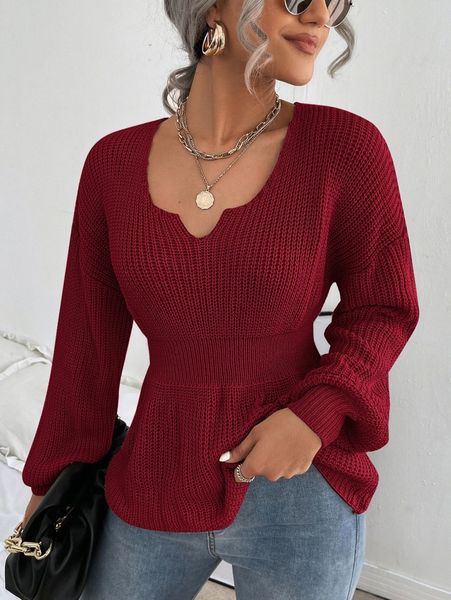 

notched neck bishop sleeve ribbed knit sweater b61q#, White;black