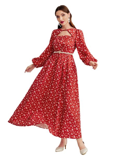 

ditsy floral cut out lantern sleeve dress without belt o4xc#, Black;gray