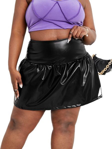 

sxy plus wide waistband pu skirt x2jz#, Black