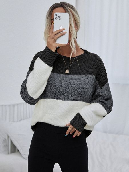 

color block drop shoulder sweater b2ql#, White;black
