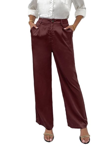 

satin slant pocket wide leg solid pants o1wc#, Black;white