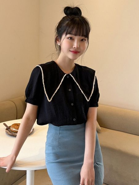 

dazy statement collar puff sleeve blouse s72z#, White