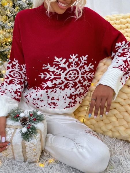 

mock neck drop shoulder snowflake pattern sweater j26l#, White;black