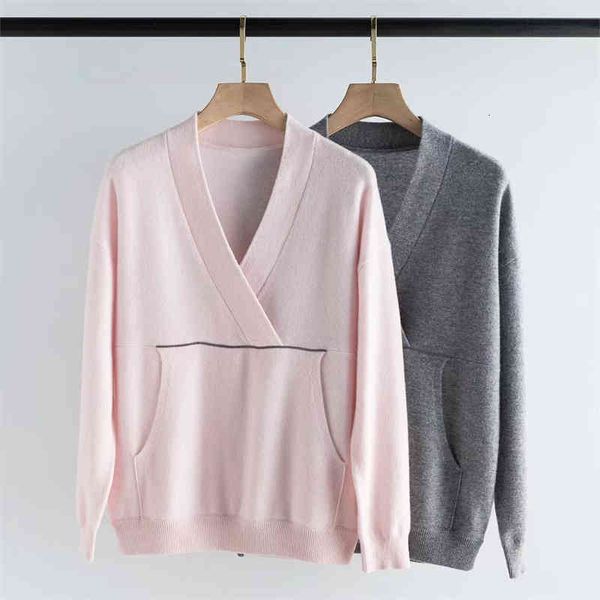 

women's knits tees italian bc cashmere nail bead cross neck lapel v-neck pocket silhouette soft and delicate knitted sweater women&#039, White