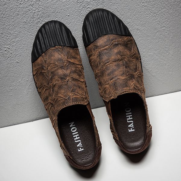 

2022 casual shoes men comfortable leather mens loafers handmade design flats men slip on lazy driving shoes retro leisure walk, Black