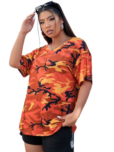 

plus camo print drop shoulder tee c2lt#, Black