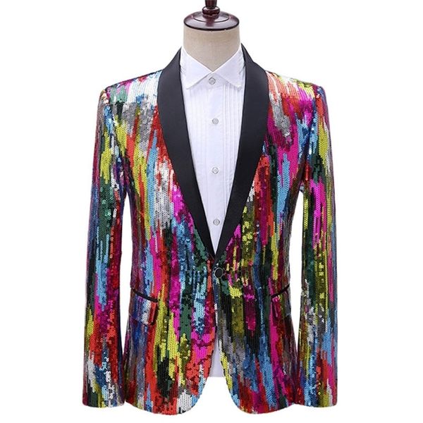 Mens Parlayan Renkli Blazer DJ Şarkıcılar Gece Kulübü Kostüm Şık Takım Ceket Stage Erkekler Elbise Çizgili Sequin Ceket Blazer Erkekler 220527