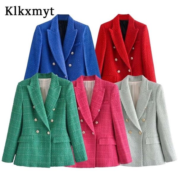 

klkxmyt zbza women fashion double breasted tweed blazer coat vintage long sleeve office wear female outerwear chic veste 220402, White;black