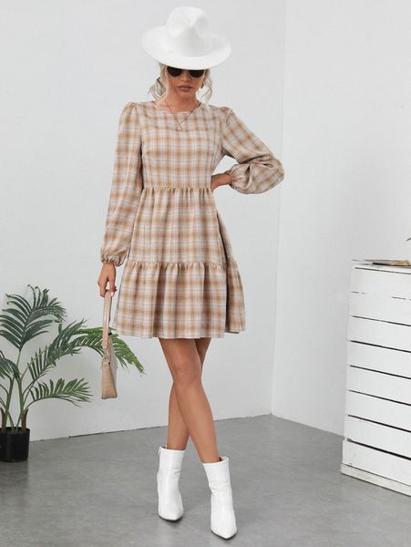 

plaid print lantern sleeve ruffle hem dress f5dd#, Black;gray