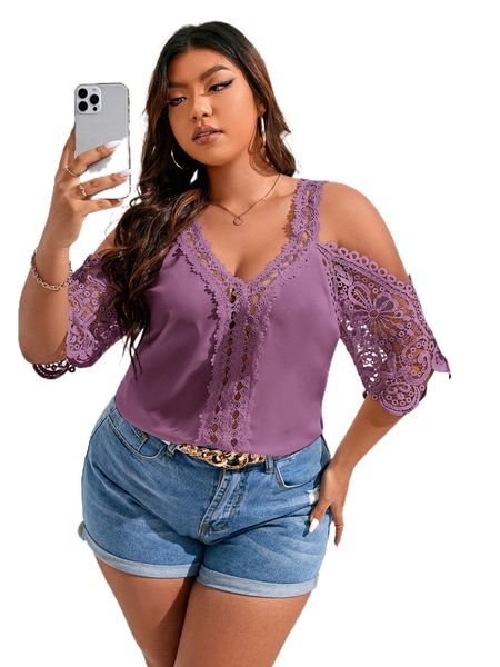 

plus contrast guipure lace cold shoulder blouse 64wh#, Black
