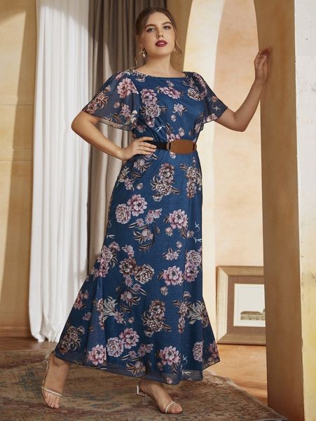 

plus allover floral belted a-line dress t5qr#, Black