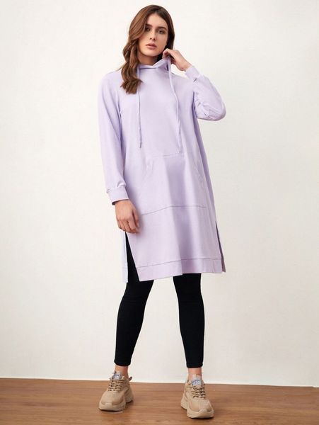 

split hem drawstring hoodie 40gi#, Black