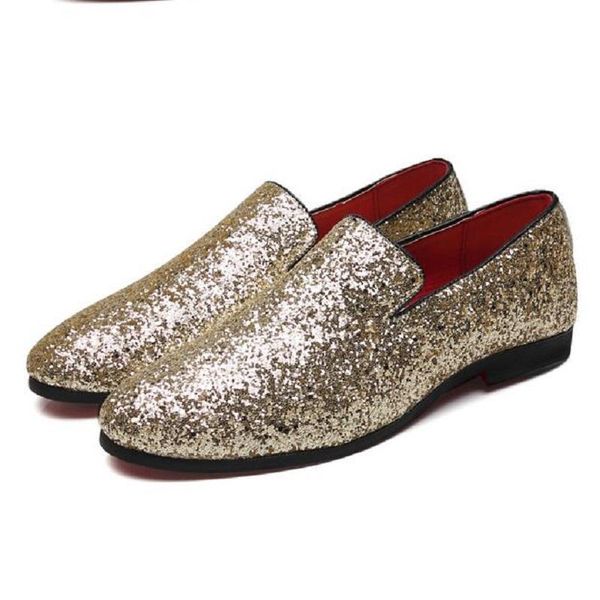 Scarpe eleganti Uomo Designer Casual Gold Glitter Leisure Slip On Mocassino Uomo Party For Show Argento Nero Taglia 38-47 1A9