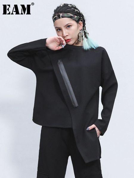 

[eam] women black zipper irregular stitch big size t-shirt round neck long sleeve fashion spring autumn 1z348 220331, White
