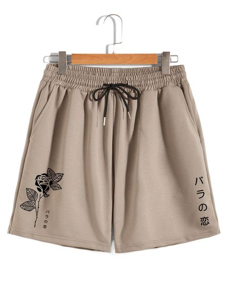 

men floral & japanese letter graphic drawstring waist shorts n0a1#, White;black