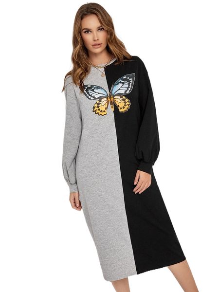 

two tone & butterfly print dress u7a2#, Black;gray
