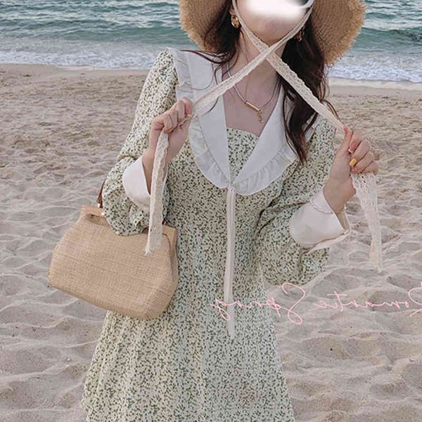 

casual dresses jingtian[oil painting girl]spring 2022 green floral skirt french chiffon dress female 1pz7, Black;gray