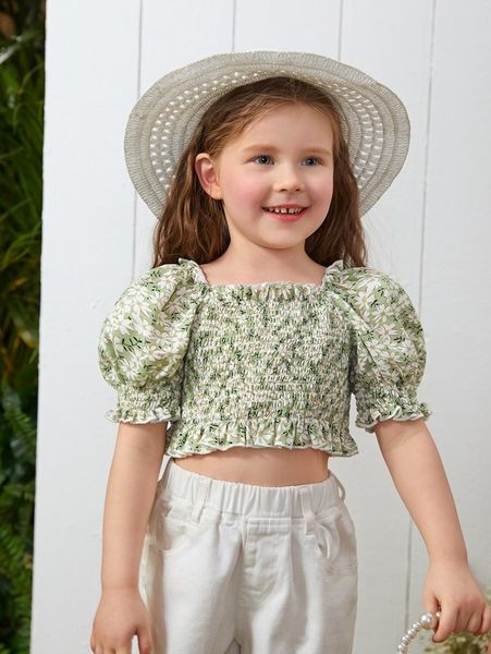

toddler girls allover floral print frill shirred puff sleeve crop blouse she, White;black