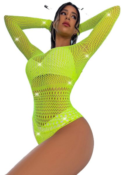 

rhinestone studded fishnet teddy bodysuit without lingerie j99q#, Black;red