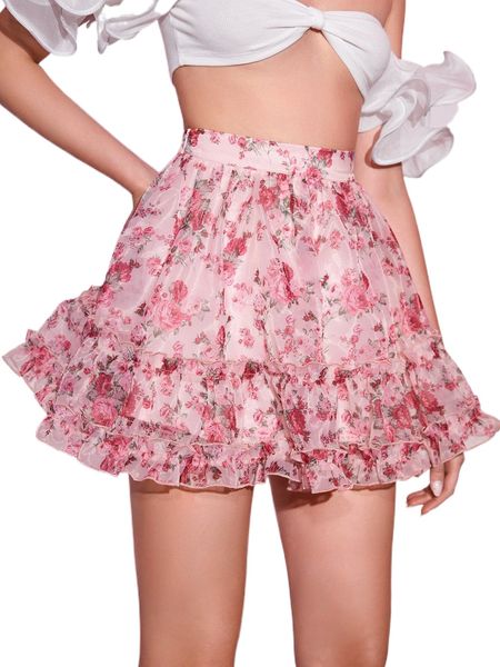 

floral print ruffle hem organza skirt z5o8#, Black