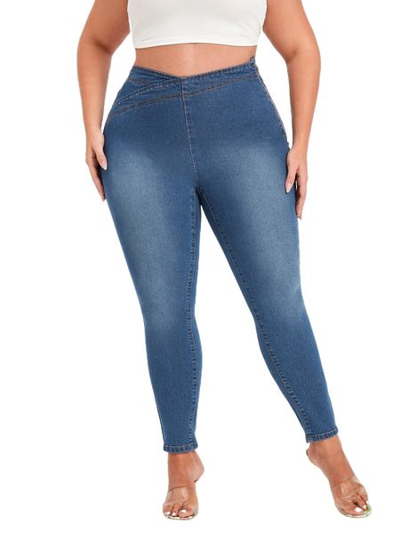 

plus wrap detail zipper side high rise jeggings 85uh#, Blue