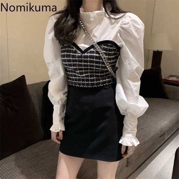 

nomikuma ruffle stand neck women blouse korean fashion puff long sleeve shirt patchwork fake two pieces blusa 6d778 220402, White
