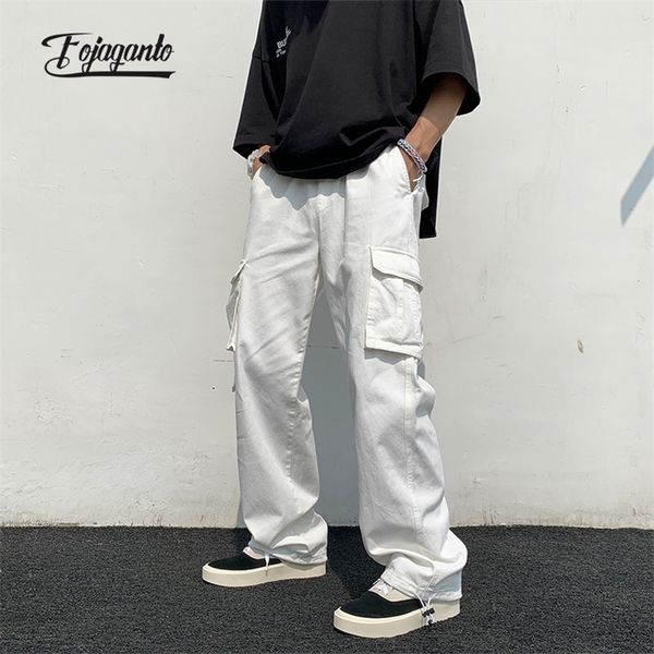 

fojaganto spring men's cargo pants korean solid color multi-pockets straight hip hop street casual loose trousers male 220330, Black