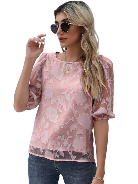 

puff sleeve appliques s41f#, White