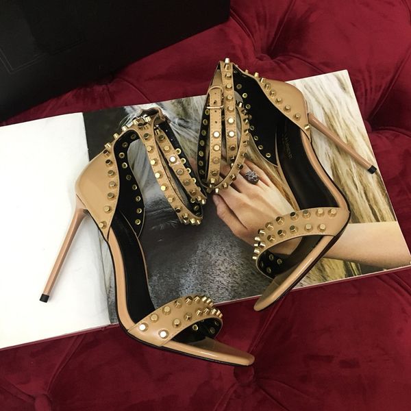 

designer new genuine leather sandal high heels rivet patent leather fashion leather shoes for ladies, Black