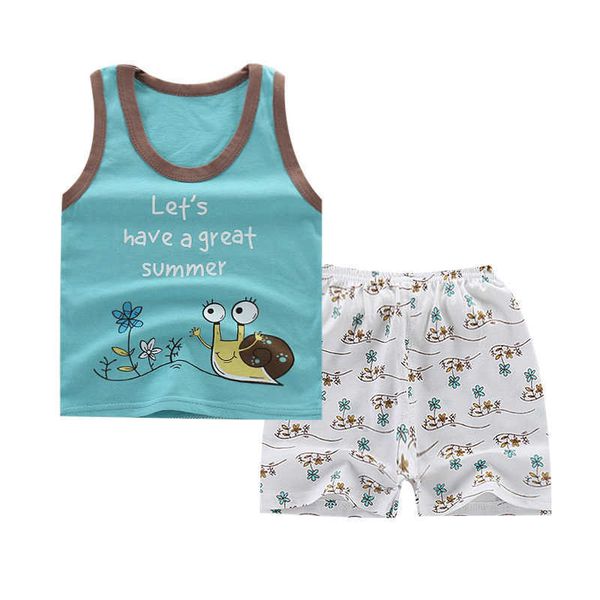 

summer cute cartoon sets 2pcs kids baby boys girls vest shorts pants set clothes children pajamas clothing, White