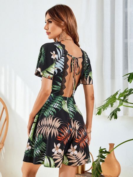

tropical print contrast lace knot backless jumpsuit k3dk#, Black;white