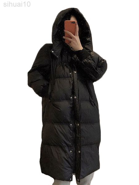 

2022 winter new down cotton jacket women fashion long thickened hooded bread coat female korean version slim coat black l220730