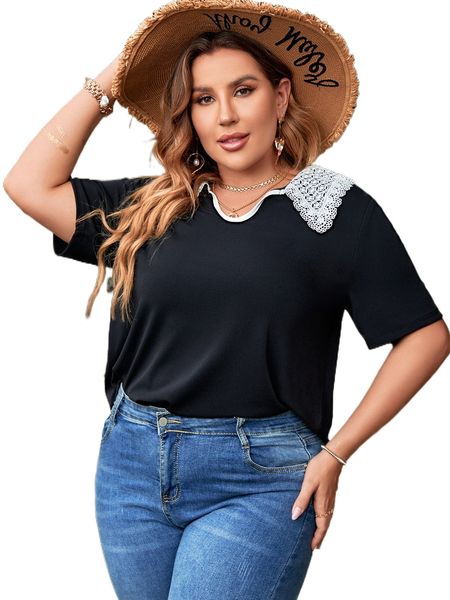 

plus contrast lace collar tee t305#, Black