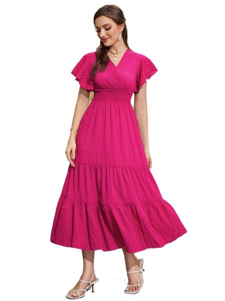 

butterfly sleeve shirred ruffle hem dress v0h9#, Black;gray