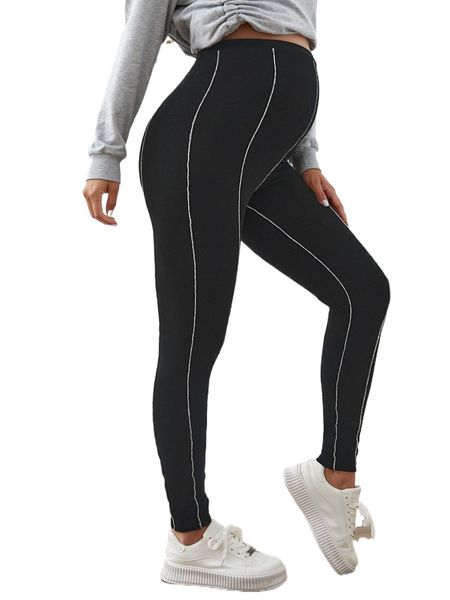 

maternity stitching adjustable elastic waist leggings g2vv#, Black
