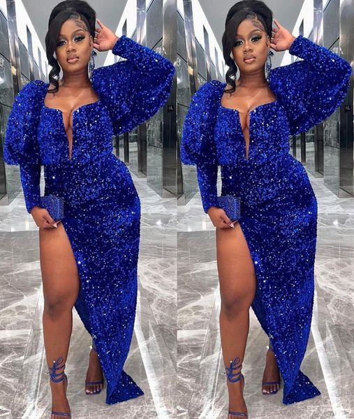 

2022 plus size arabic aso ebi royal blue sparkly prom dresses sequined lace evening formal party second reception birthday engagement brides, Black