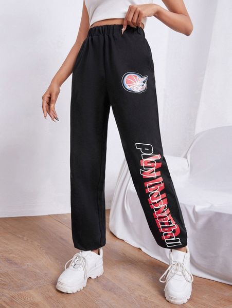 

petite letter and basketball print joggers t3ds#, Black;white