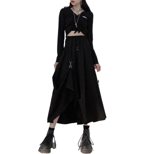 

skirts dark style women girl high waist hanging buckle summer autumn street long skirt d55q#, Black