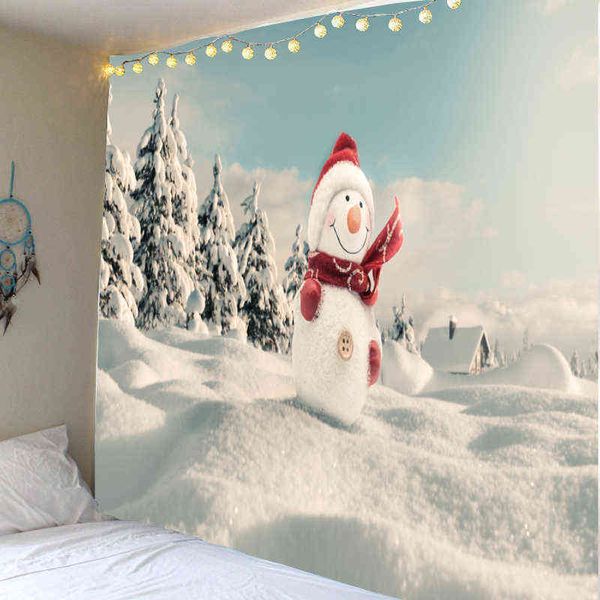 Tappeto da parete natalizio Pupazzo di neve Stampa artistica montata Arazzo Soggiorno Camera da letto Decorazione J220804