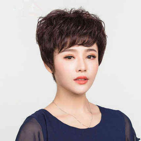 

nxy wigs wig female short hair curly middle aged and elderly mothers real natural fluffy chemotherapy headgear breathable, Black;brown