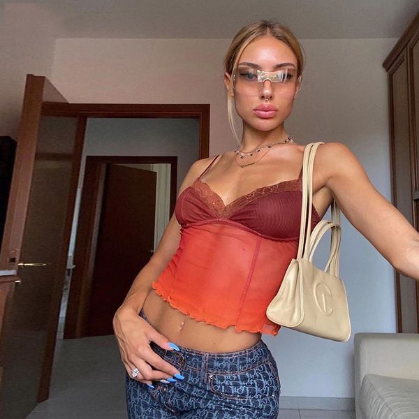 

vintage lace y2k women see-through v neck aesthetic crop bodycon sleeveless club soft mesh shirts, White