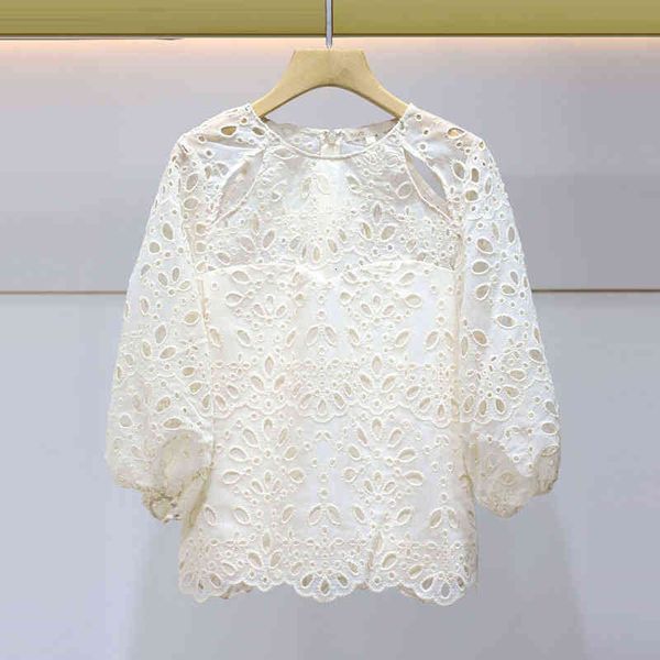

women's polos france's  family spring and summer solid color bubble sleeve hollowed out sweet lace female, White