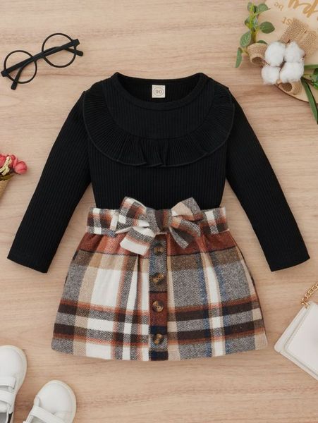 

toddler girls ruffle trim tee & button front belted skirt she01, White